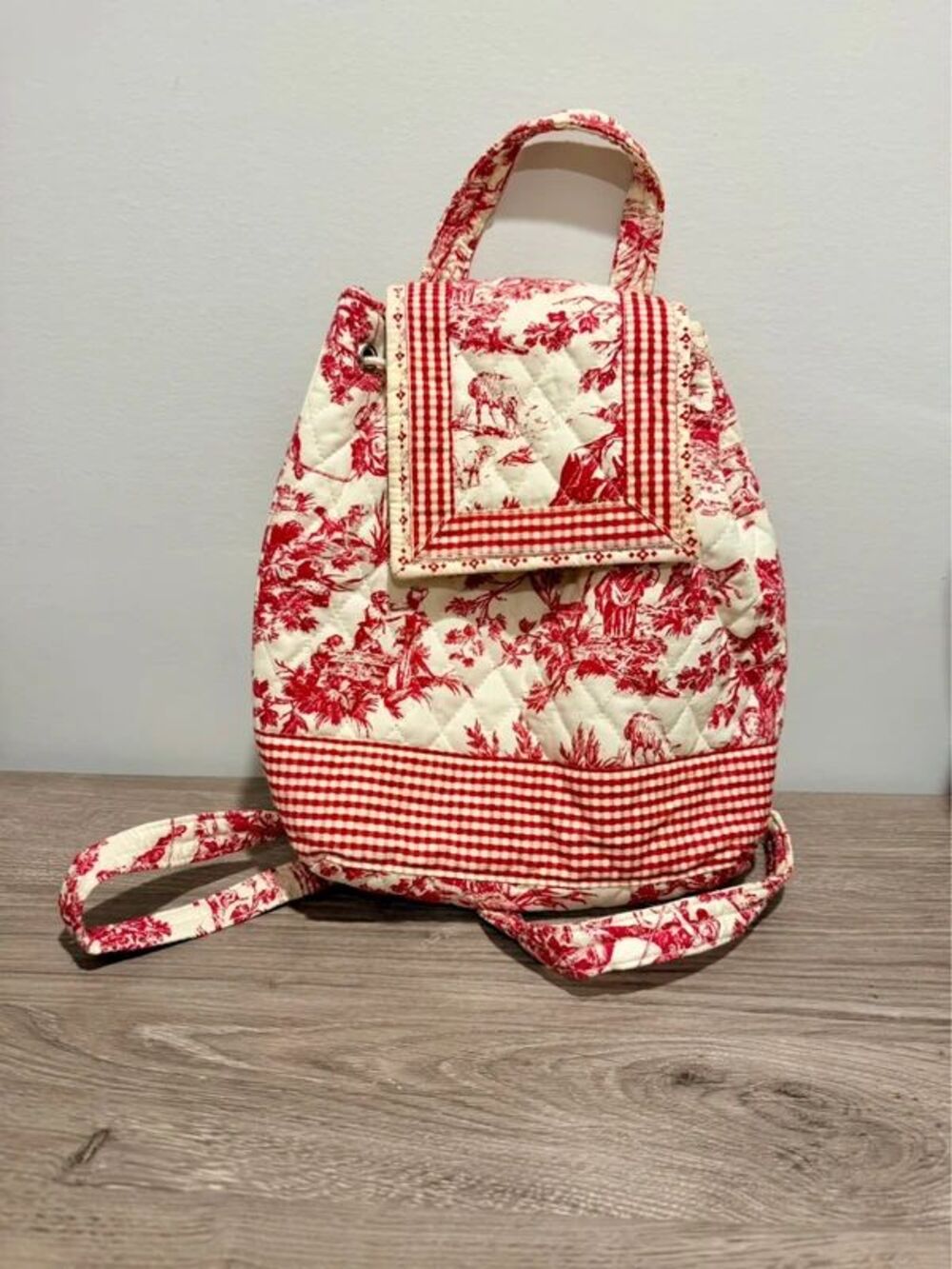 Cottagecore quilted Drawstring Backpack Red and White toile